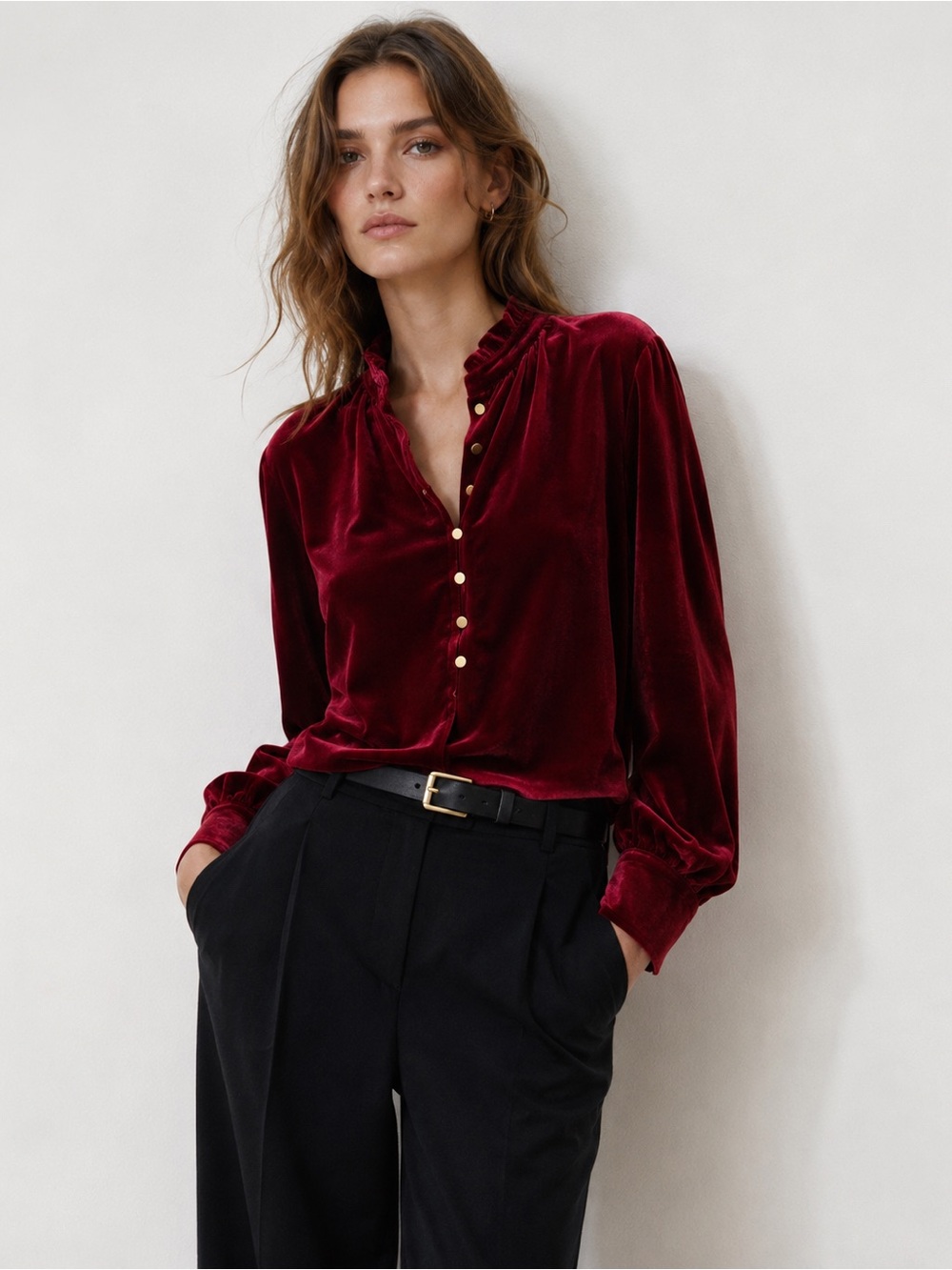 LIAM & CO. Burgundy Velvet Ruffle Neck Button Front Blouse Medium Holiday